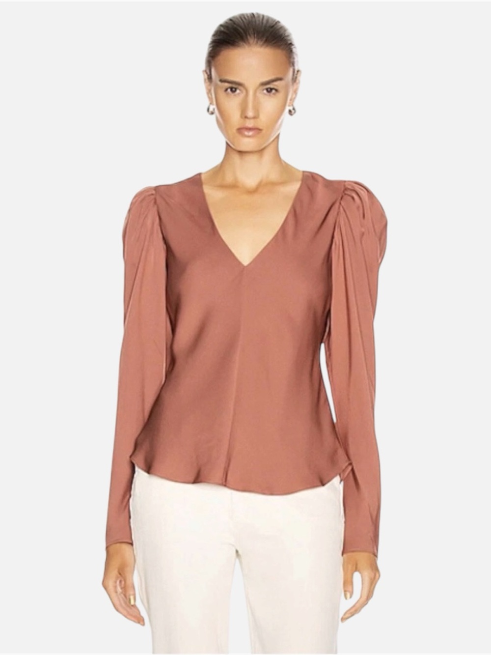 FRAME Shirred V- Neck Long Puff Sleeve 100% Silk Top Blouse Satin Mauve Size XS